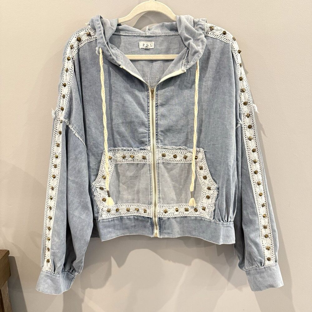 POL Denim Hoodie Jacket Crochet Lace Patchwork Zip Studs Cropped Boho Womens L